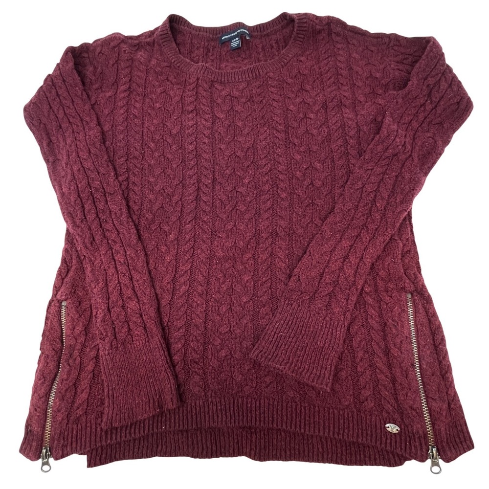 American Eagle Womens XS Cable Knit Sweater Side Zip Burgundy Cotton Wool Blend